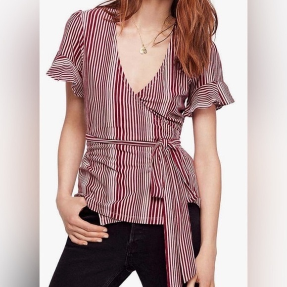 Free People Red Flutter Sleeve Wrap Blouse - Picture 1 of 10